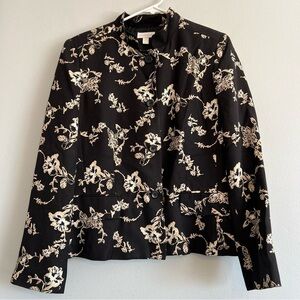 Charter Club Womens 100% Silk Blazer Black Cream Floral Mock Neck Sz 12 Preppy
